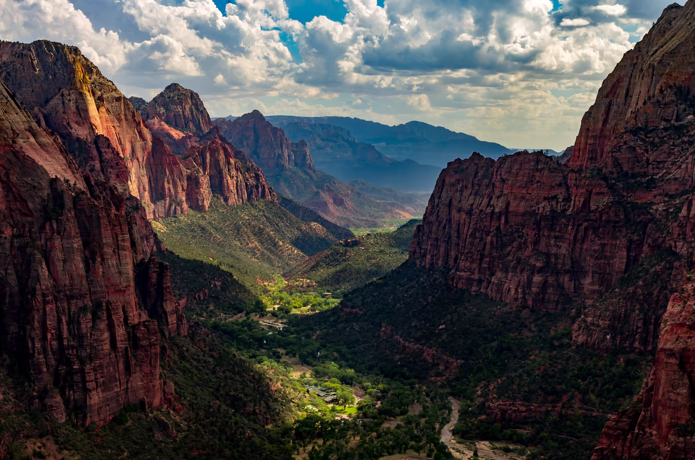 Landscape photograph capturing a panoramic vista from Angels Landing trail in Zion National Park, Utah.